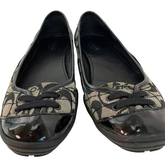 Womens 7.5 Coach Dannie Ballet Flats Shoes Monogram Patent Leather Black 6539 - Picture 4 of 16